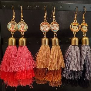 Frida Kahlo Face Dangle Tassel Earrings-3 Assorted Pairs